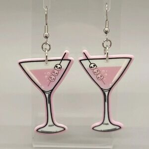 Pink Skull Martini Dangle Earrings - Gothic Jewelry, Nightclub Accessory, Pastel